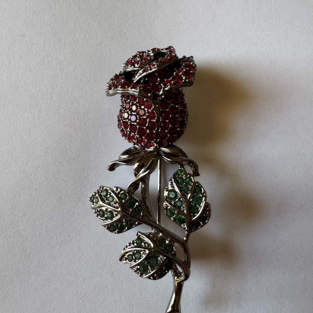 swan swarovski crystal large long stem red rose brooch